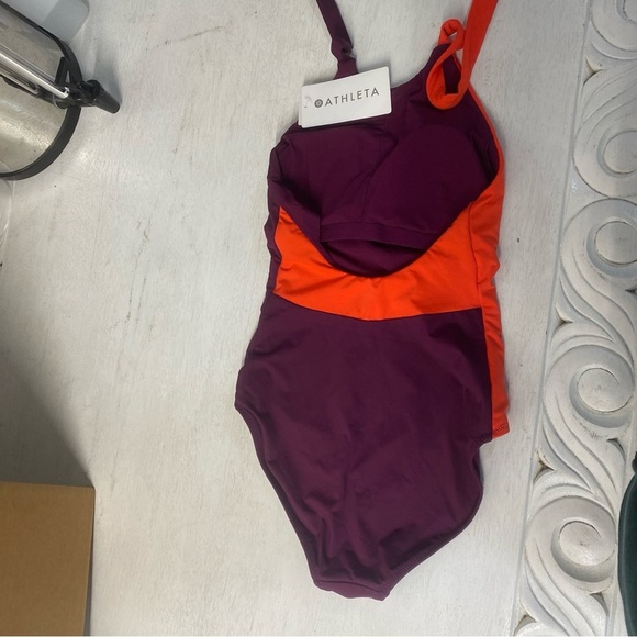NWT Athleta Purple Orange Asymmetrical Colorblock Halter Swimsuit One-piece Sz S - Picture 3 of 8